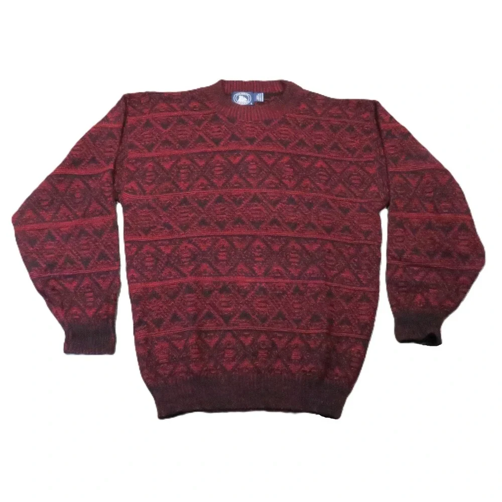 Atlantic Traders Sweater Mens L Red Black Geometric Knit Crewneck Vintage Cabin
